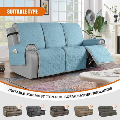 VANSOFY Waterproof Recliner Couch Covers, Sofa Covers 1-Piece Washable Reclining Sofa Cover Non-Slip Furniture Protector with Elastic Straps Pocket for Dogs, Pets(Azuree,3 Seater)