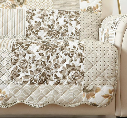 Great Bay Home Reversible Patchwork Loveseat Cover - Washable Slipcover Furniture Protector with Elastic Straps - Perfect for Kids & Pets - Box-Stitched Detail (Taupe)