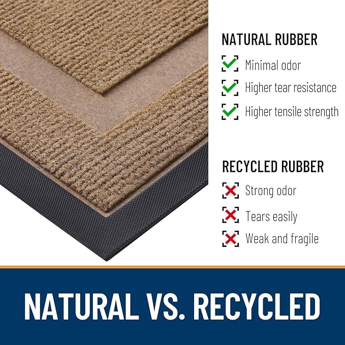 OLANLY Front Door Mat Indoor Outdoor Entrance, Waterproof All-Season, All-Weather Doormat, Sturdy Natural Rubber, Fade Resistant, Low Profile, Easy Clean Patio Porch Entryway Mat, 59x30, Light Borwn
