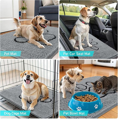 OLANLY Dog Door Mat for Muddy Paws 32x20, Paw Print Design, Absorbs Moisture and Dirt, Absorbent Non-Slip Washable Doormat, Quick Dry Chenille Mud Mat for Dogs, Entry Indoor Entryway Carpet, Grey