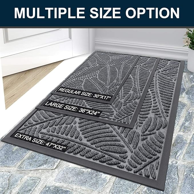 Colorxy Waterproof Doormat, Sturdy Natural Rubber Front Indoor Mat, Non Slip Low Profile Indoor Outdoor Door Mats, Stain and Fade Resistant Floor Mat, Easy Clean Patio Entrance Mat, 59''x23'', Grey