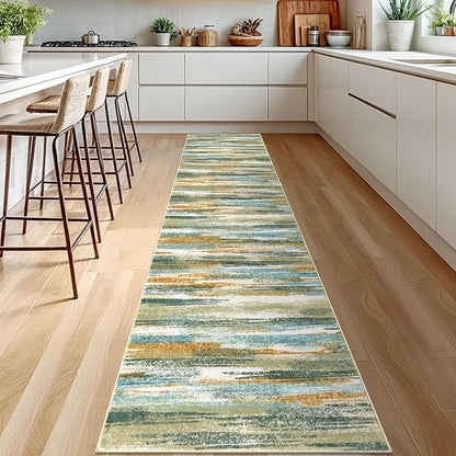 Lansny Modern Abstract Runner Rug 2.6x12, Green Mustard Multi Washable Long Kitchen Runner Non-Slip Soft Hallway Rug Runner Thin Print Faux Wool Carpet for Entryway Bedroom Laundry Room Indoor