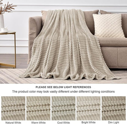 BEDELITE Fleece Blanket King Size – 3D Ribbed Jacquard Soft and Warm Decorative Fuzzy Blankets – Cozy, Fluffy, Plush Lightweight Throw Blankets for Couch, Bed, Sofa(Linen, 108x90 inches)