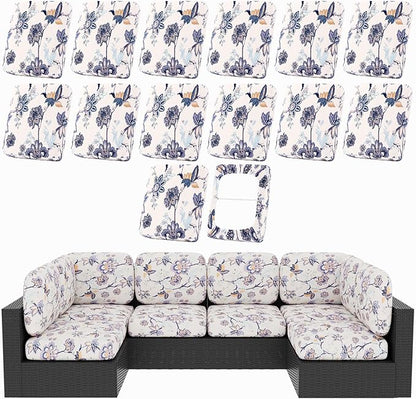 hyha 14Pcs Patio Cushion Covers, Stretch Outdoor Couch Cushion Covers, Washable Outdoor Chair/Sofa Slipcovers for Patio Furniture Cushions Protector with Elastic Bottom(Vintage Flower,Cover Only)