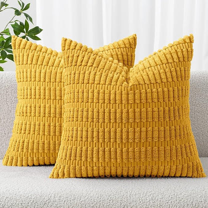 MIULEE Pack of 2 Corduroy Decorative Euro Sham Throw Pillow Covers 22x22 Inch Soft Boho Striped Pillow Covers Modern Farmhouse Home Decor for Summer Sofa Living Room Couch Bed Mustard Yellow