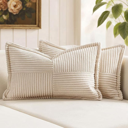 MIULEE Decorative Lumbar Throw Pillow Covers for Couch Bed Livingroom 14x24 Inch Set of 2 Beige Boho Accent Throw Pllows Broadside Striped Patchwork Soft Corduroy Pillowcases