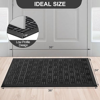 Mibao Front Door Mat, Heavy Duty Durable Welcome Mat for Outdoor Indoor, Dirt Trapper Waterproof Super Absorbent Door Mat for Entryway Outside Patio Porch, 35.5" x 24", Black