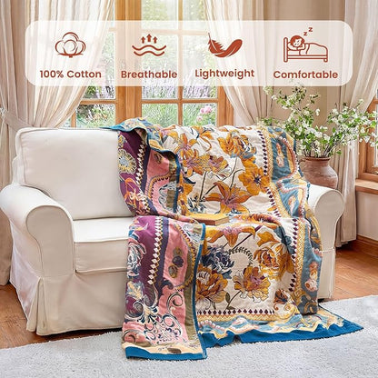 MSGKV Boho Throw Blanket 60"x80" Bed Floral 100% Cotton Blanket Spring Breathable Lightweight Twin Couch Blankets All Seasons Home Decor Muslin