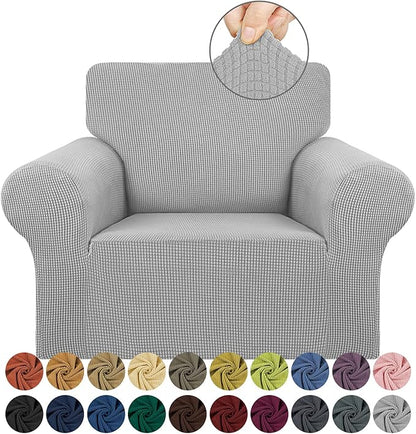 KEKUOU Stretch Single Sofa Slipcover 1 Piece Couch Sofa Cover (31"-55") Furniture Protector 1 Seater Sofa with Elastic Bottom for Kids,Pet.Jacquard Small Checked Pattern Fabric(Small,Silver)