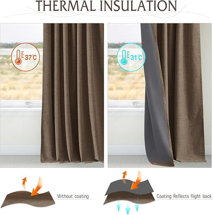 RYB HOME Coffee 100% Blackout Linen Curtains 72 inch Long, Thermal Insulated & Privacy Assurd Drapes for Bedroom/Office/Nursery, Rod Pocket & Back Tab Window Treatment, W52 X L72, 2 Panels