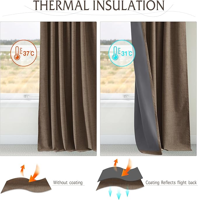 RYB HOME Coffee 100% Blackout Short Curtains 52 Width 45 inch Length, Light Blocking & Thermal Insulated Curtains for Kitchen/Small Window/Bathroom/Basement, 2 Panels