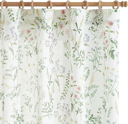 jinchan Floral Linen Blend Curtains for Living Room 84 Inch Length French Country Farmhouse Printed Curtains Sage Green on White Rod Pocket Back Tab Light Filtering Window Drapes 2 Panels