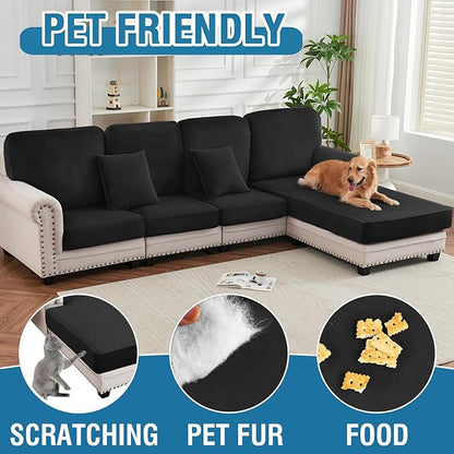 Couch Cover 8-Piece Elastic Velvet Couch Cushion Covers & Chaise Slipcovers for L-Shaped Sofas, Sofa Seat Covers Washable, Soft Cover for Couches (7 Seater + Chaise, Black)