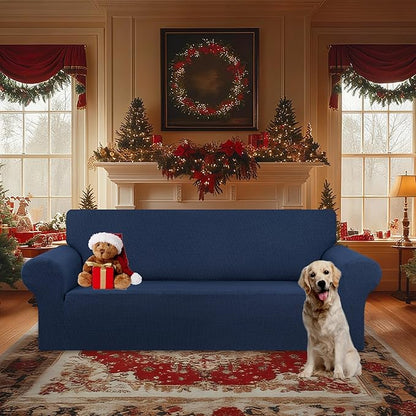 KEKUOU Stretch Oversized Sofa Slipcover 1 Piece Couch Sofa Cover (94"-110") Furniture Protector 4 Seater Sofa with Elastic Bottom for Kids,Pet.Jacquard Checked Pattern Fabric(X Large,Navy Blue)