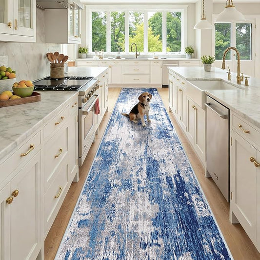 Washable Area Rugs 3x12 Non-Slip Modern Abstract Soft for Living Room Entryway Bedroom Nursery, Print Pattern, Blue Grey Navy Gray