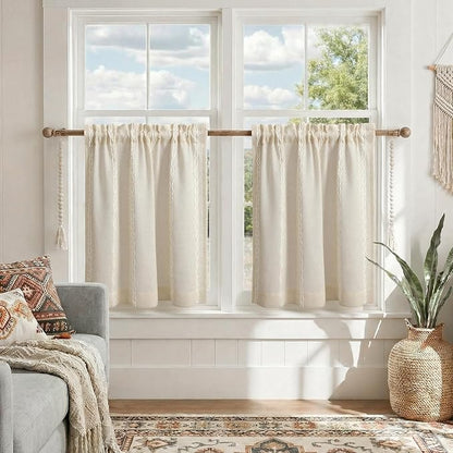 Boho Kitchen Cafe Curtains 25x24 Inch, Beige Linen Blend Embroidered Light Filtering Curtains for Small Kitchen Window, 2 Panels