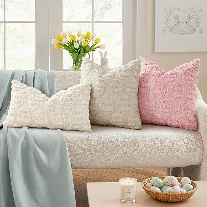 decorUhome Easter Beige Egg Pillow Covers 18x18 Inch Set of 2, Soft Plush Faux Wool Jacquard Cushion Covers, Farmhouse Neutral Fuzzy Spring Easter Holiday Decor for Couch Sofa Bed