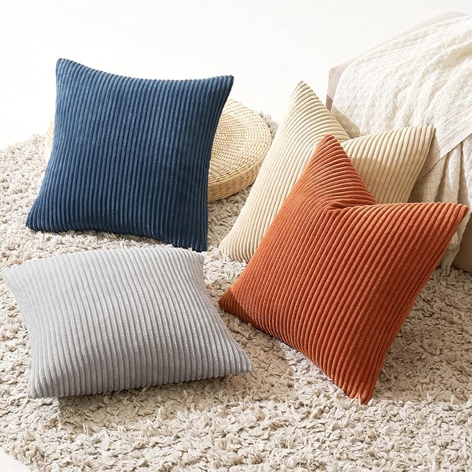 MIULEE Boho Farmhouse Throw Pillow Covers 18x18 Inch Set of 4 Summer Mordern Neutral Cushion Covers Soft Corduroy Nordic Home Decor for Couch Bed Sofa Living Room Blue-Yellow