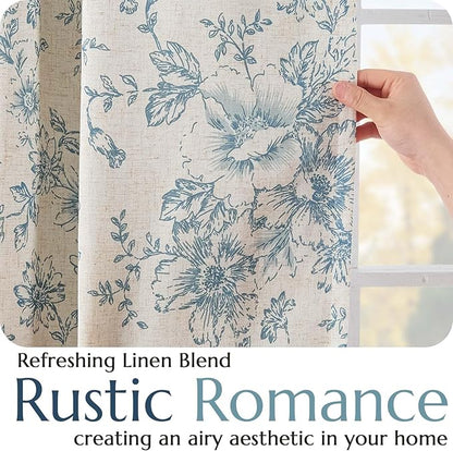 jinchan Blackout Floral Curtains for Living Room Bedroom Linen Blend Curtain Farmhouse Blue Printed with Lined Back Tab Rod Pocket Drapes Window Treatments 2 Panels 96 Inch