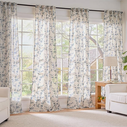 Lazzzy Blue Floral Linen Curtains 96 Inch Farmhouse Back Tab Drapes for Living Room Bedroom Light Filtering Vintage Grandmillennial Rod Pocket Curtains, 2 Panels, W38 x L96, Blue on Beige