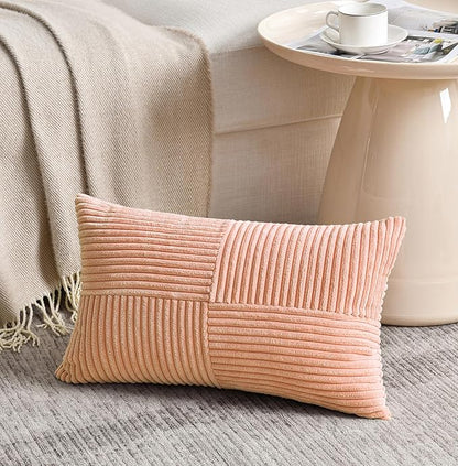 Fancy Homi 2 Packs Peach Lumbar Decorative Throw Pillow Covers 20x28 Inch for Living Room Couch Bed Sofa, Rustic Farmhouse Boho Home Decor, Soft Striped Corduroy Rectangle Accent Cushion Case 50x70 cm