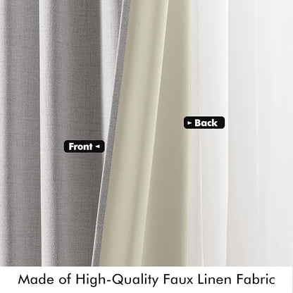 MIULEE 100% Blackout Linen Curtains for Bedroom, Greyish White Solid Luxury Decor Thermal Insulation Room Darkening Drapes for Living Room Nursery Back Tab Rod Pocket 42 x 96 Inches, 2 Panels