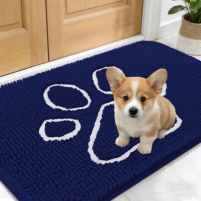 OLANLY Dog Door Mat for Muddy Paws 24x16, Paw Print Design, Absorbs Moisture and Dirt, Absorbent Non-Slip Washable Doormat, Quick Dry Chenille Mud Mat for Dogs, Entry Indoor Entryway Carpet, Navy Blue