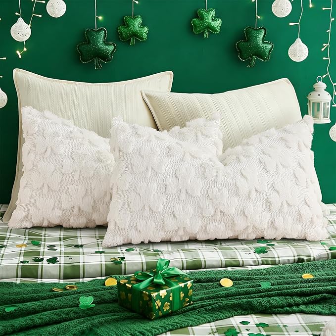 decorUhome St. Patrick’s Day Shamrock Pillow Covers 12x20 Inch Set of 2, Soft Plush Faux Wool Cream White Throw Pillow Covers, Farmhouse Spring Holiday Decor for Sofa Living Room