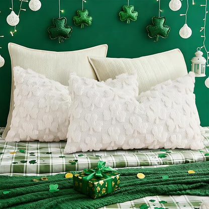 decorUhome St. Patrick’s Day Shamrock Pillow Covers 12x20 Inch Set of 2, Soft Plush Faux Wool Cream White Throw Pillow Covers, Farmhouse Spring Holiday Decor for Sofa Living Room