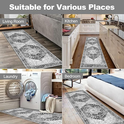 Yamaziot Washable Runner Rug, 2x6 Non-Slip Boho Vintage Hallway Rug Runner with Rubber Backing, Stain Resistant Distressed Carpet Runner for Bedroom, Kitchen, Laundry, Entrance