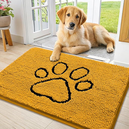 Smiry Dog Door Mat for Muddy Paws, Absorbent Dirt Trapper Non Slip Quick Dry Washable Chenille Mat for Mud Dogs, Entry Rug for Indoor and Outdoor (36x24 Inches, Golden Yellow and Black)