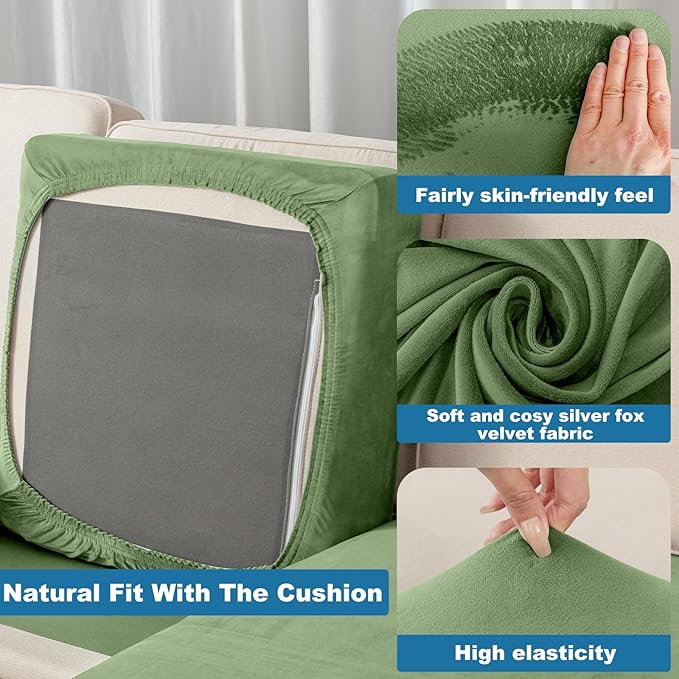 Couch Cover Stretch Velvet Sofa Cushion Cover 3-Piece - Elastic Washable Slipcover for Seat or Backrest, Couch Seat Covers for Sofas (Avocado Green)
