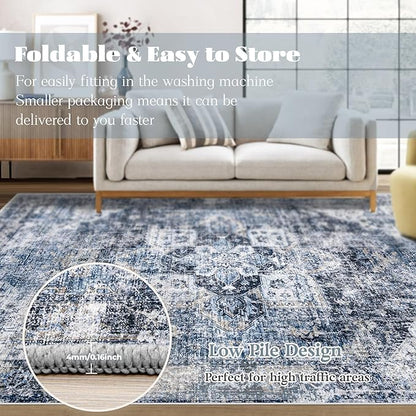 Area Rug 8x10 Washable Rug, Vintage Boho Medallion Rugs Non-Slip Soft Low Pile Large Distressed Rug Indoor Retro Carpet for Living Room Bedroom Dining Room Home Office (Blue, 8'x10')