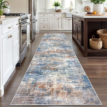 IOHOUZE Abstract Runner Rug 3x12 Ft Washable Runners for Hallways, Non Slip Kitchen Runner Printed Faux Wool Entryway Runner Indoor, Modern Abstract Floor Carpet for Hall Kitchen, Blue Rust