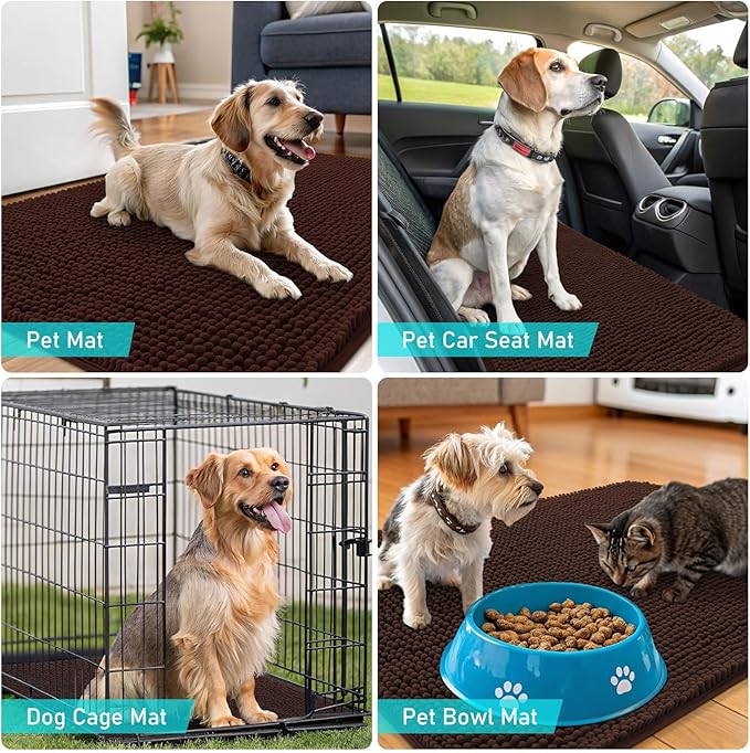 OLANLY Dog Door Mat for Muddy Paws 59x20, Absorbs Moisture and Dirt, Absorbent Non-Slip Washable Doormat, Quick Dry Chenille Mud Mat for Dogs, Entry Indoor Entryway Carpet for Inside Floor, Brown