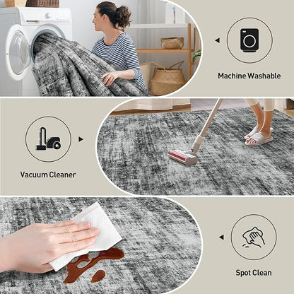 6x9 Area Rugs Washable Rug: Large Modern Abstract Living Room Rug Soft Anti-Skid Thin Carpet Indoor Floor Non-Shedding Carpets for Bedroom Dining Room Farmhouse Nursery Home Office Black