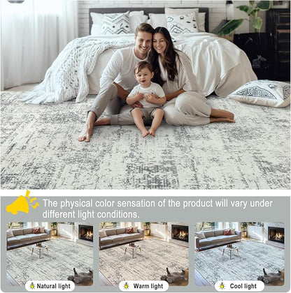 Area Rugs 9x12 Living Room - Washable Rug Modern Abstract Soft Large Neutral Non-Slip Carpet Indoor Floor Stain Resistant Thin Carpets for Bedroom Dining Room Farmhouse Nursery Home Office Grey