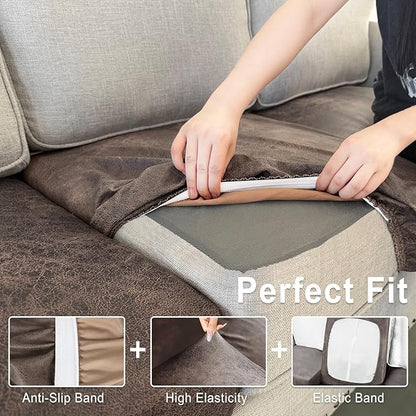 Leather Look Couch Cushion Covers Sofa Seat Slipcovers Sets Couches Furniture Protector for Sectional Armchair Loveseat Pets Kids Stretch Spandex Fabric (2 Cushion Loveseat, Light Brown)