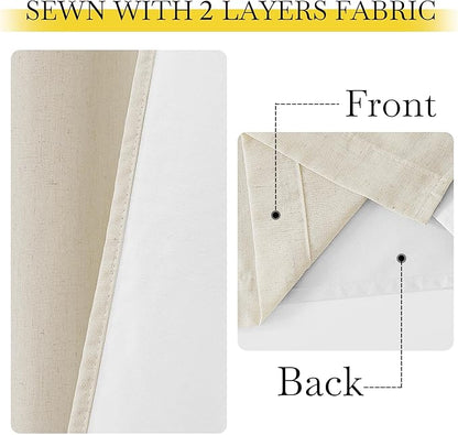 NICETOWN Natural Thick Linen Full Blackout Curtains for Living Room and Bedroom, W52 x L96, 2 Panels Bronze Grommet 2 Layers Window Treatment with White Liner Privacy Protection Sound Blocking
