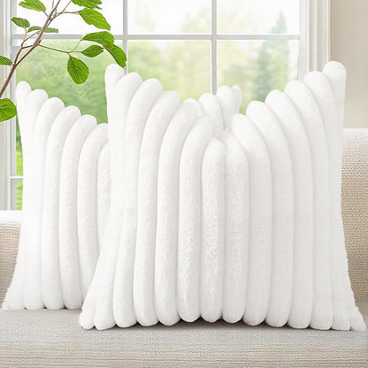 decorUhome Summer Cozy Faux Fur Throw Pillow Covers 18x18 Set of 2 Decorative Soft Plush Striped Modern Farmhouse Boho Couch Pillow Cases with Velvet Back for Sofa Bed Living Room, White