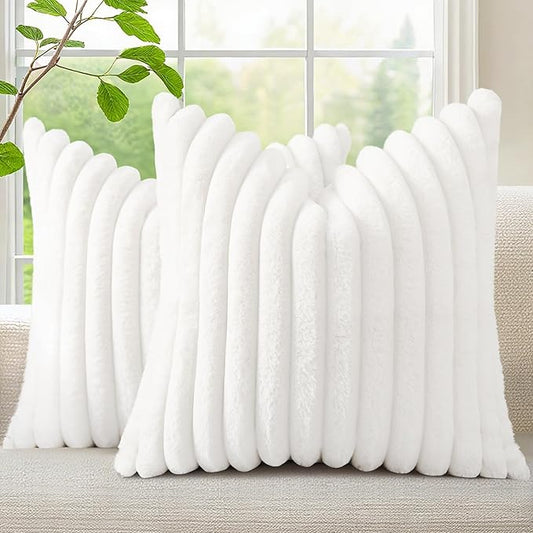 decorUhome Summer Cozy Faux Fur Throw Pillow Covers 20x20 Set of 2 Decorative Soft Plush Striped Modern Farmhouse Boho Couch Pillow Cases with Velvet Back for Sofa Bed Living Room, White