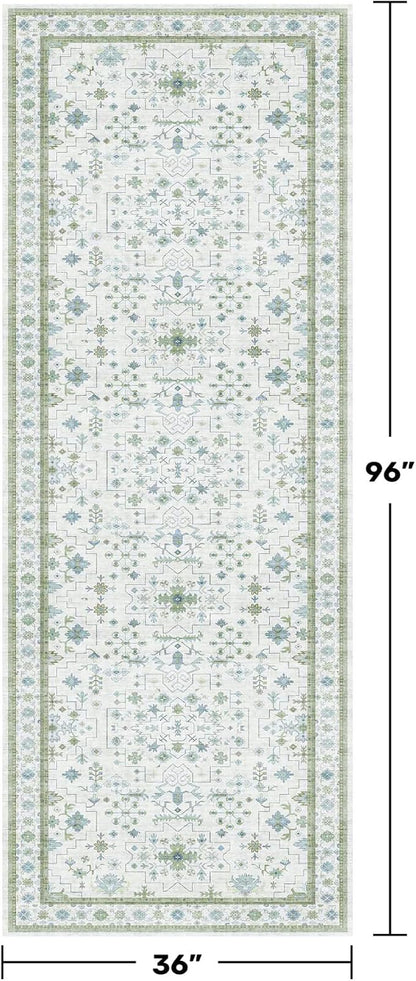 Hazo Haus Turkish 3x8 Wide Hallway Runner - Cream Green Oushak Boho Floral, Washable Low Pile Non Slip Stain Resistant Rug for Kitchen, Bathroom, Hall Way