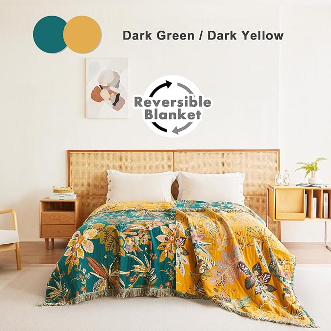 MSGKV Boho Throw Blanket for Bed Twin Size 100% Cotton Floral Blanket 60"x80" Couch Blankets Muslin Spring Breathable All Seasons Lightweight Farmhouse Blankets Home Decor