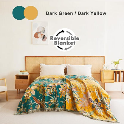 MSGKV Boho Throw Blanket for Bed Twin Size 100% Cotton Floral Blanket 60"x80" Couch Blankets Muslin Spring Breathable All Seasons Lightweight Farmhouse Blankets Home Decor