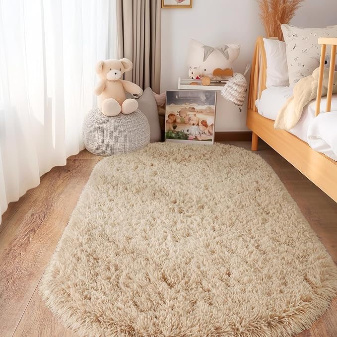 Pionblank Fluffy Area Rug for Bedroom 2.6'x5.3', Shag Oval Rug for Bedside, Ultra Soft Cute Plush Carpet for Living Room Kids Girls Boys Room Nursery Teens Dorm Home Decor, Camel