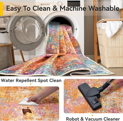 Washable Area Rugs 10'x14 Non-Slip Modern Abstract Soft for Living Room Entryway Bedroom Nursery, Print Pattern, Orange Blue Pink Yellow Colorful