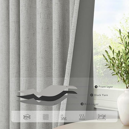 Extra Long White Gray Blackout Curtains 108 Inch Long for Living Room 2 Panel Lightweight Linen Textured Total Black Out Darkening Light Grey Drape for Sliding Glass Doors Back Tab Pocket 9ft Length