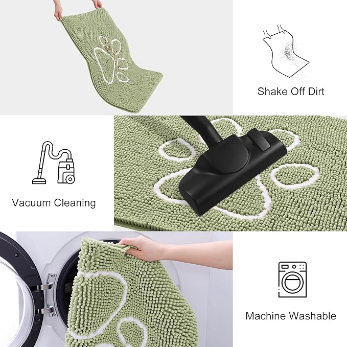 Smiry Dog Door Mat for Muddy Paws, Absorbent Dirt Trapper Non Slip Quick Dry Washable Chenille Mat for Mud Dogs, Entry Rug for Indoor and Outdoor (24x16 Inches, Sage Green and White)