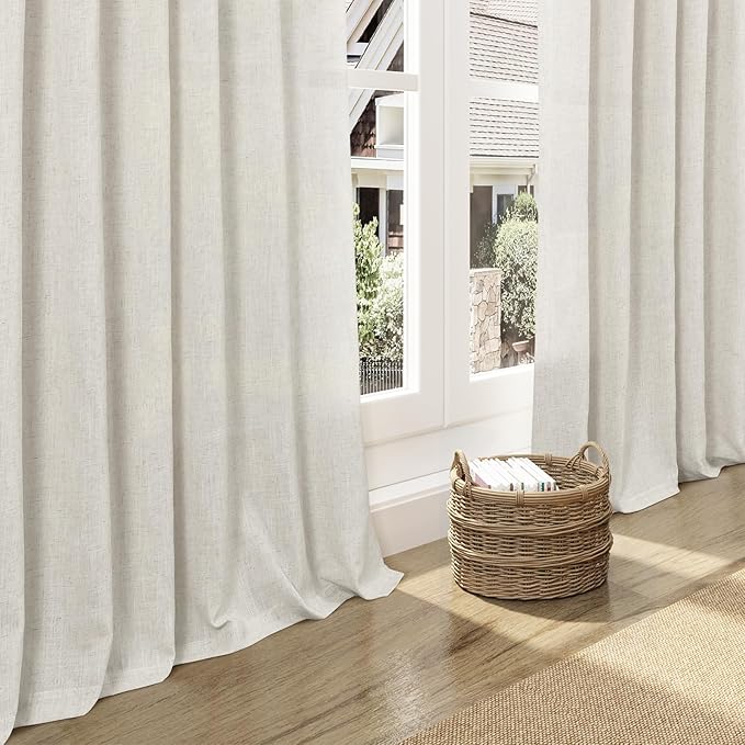 Nanspring Mousse White Lnen Curtains 102 Inches Long for Living Room Linen Light Filtering Semi Sheer Curtain Back Tab Simple Modern Floor to Ceiling Coastal Decor Drapes for Bedroom 52x102, 2 Panels