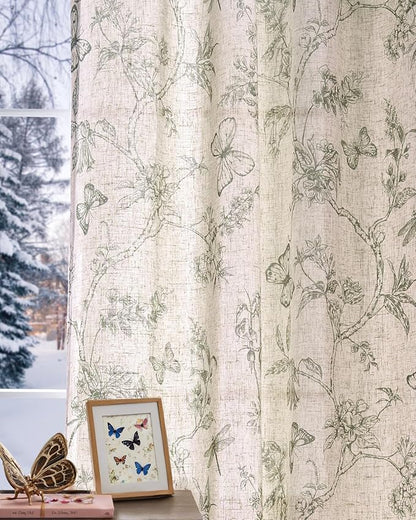 jinchan Floral Linen Curtains for Living Room 84 Inch Length Butterfly Curtain Sage Green Floral Curtains French Country Farmhouse Curtain Flower Patterned Drapes Window Treatment Set 2 Panels